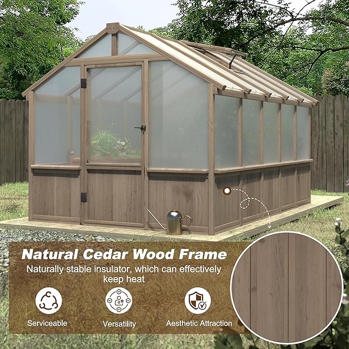 BlueWish 8x10 FT Greenhouse Kit, Wood Greenhouses with 6MM Polycarbonate Panel, Green House with Adjustable Vent & Lockable Door, Walk-in Greenhouse for Outside, Garden, Backyard