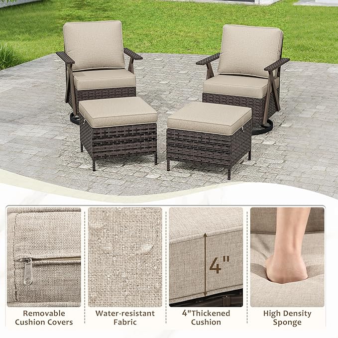 Outdoor Swivel Rocker Chairs Set of 4, Wicker Swivel Patio Chair with Ottomans, Patio Furniture Set for Outside Backyard