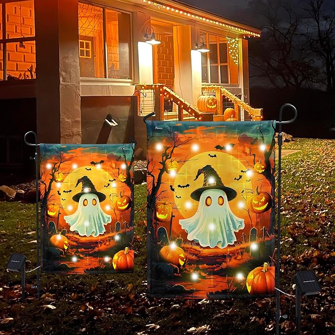 FLAGWIX Halloween Garden Flag - Solar Flag Light for Garden Decor 11.5"x17.5" - Fall Garden Flags for Halloween Decorations, Yard Flags for Fall Outdoor Decor, Outside Decorations for Yard
