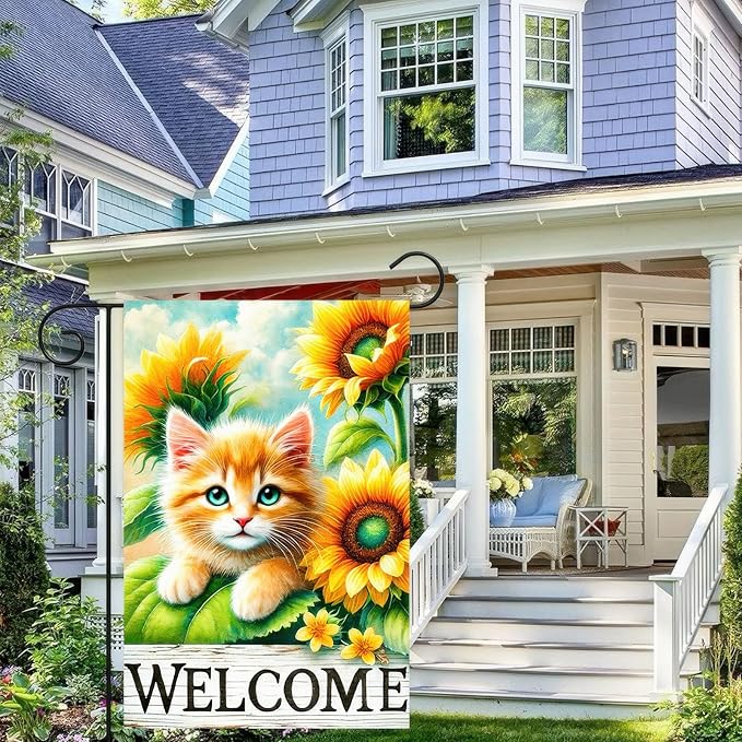 Spring Garden Flag 12x18 Inches Double Sided Cute Cat Welcome Yard Flags Sunflower Summer Seasonal Flower for Outside Decor Home Farmhouse Holiday Decorations