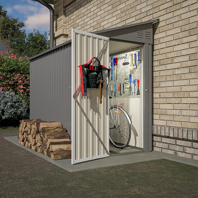 4×8 FT Lean to Metal Shed,Outdoor Heavy-Duty Storage Shed with Floor Base,All Weather Waterproof Garden Tool House W/Lockable Door&2 Air Vents,Reversible Door Design,for Backyard,Patio,Lawn,Gray