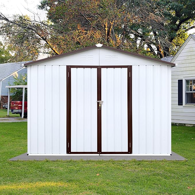 Metal Garden Sheds 8ftx10ft Outdoor Storage Sheds White+Coffee, for Backyard, Patio, Poolside