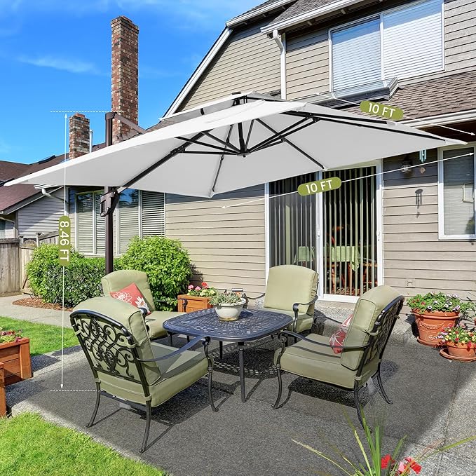 10x10 FT Cantilever Patio Umbrella Double Top Outdoor Square Large Heavy Duty Aluminum Offset Umbrellas with 7 Level Tilt 360-degree Rotation for Pool Garden Deck, Fog Grey