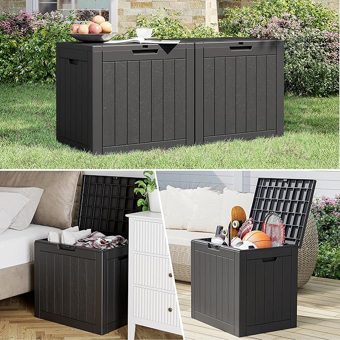 NUNU LAB 32 Gallon Resin Outdoor Storage Box 2 Pack Waterproof Deck Box for Patio Cushions, Garden Tools, Pool Accessories,Backyard Storage Bin,Black
