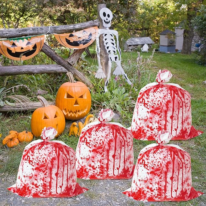 CNhoqc Halloween Lawn Leaf Bags - 8Pcs Halloween Bloody-Themed Thick Plastic Garbage Bags with Twist Ties, Fall Yard Leaf Trash Equiement, Reusable Plastic for Garden Outdoor Decorations Party Favor