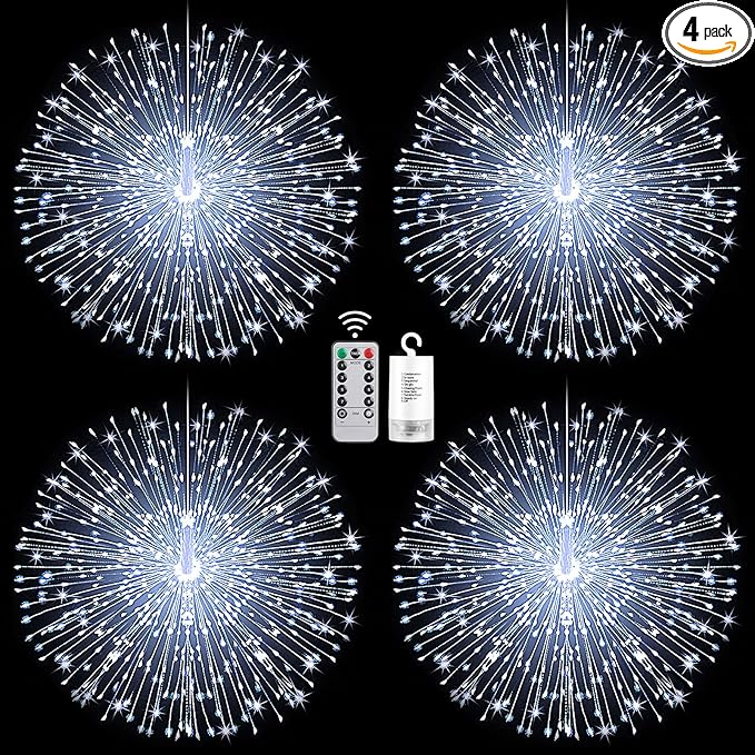 Admitrack Starburst String Lights Christmas Lights, 225 LED 8 Modes Dimmable with Remote Control, Waterproof Copper Wire Decorative Hanging for Party Patio Garden Decoration (White, 4PC)