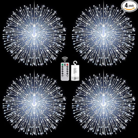 Admitrack Starburst String Lights Christmas Lights, 225 LED 8 Modes Dimmable with Remote Control, Waterproof Copper Wire Decorative Hanging for Party Patio Garden Decoration (White, 4PC)