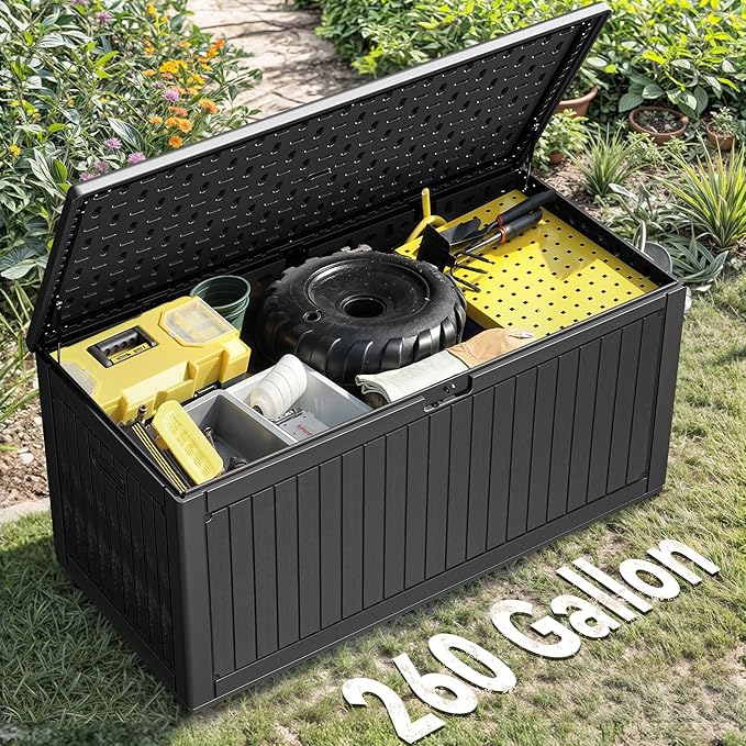 YITAHOME 260 Gallon Large Deck Box with Divider & Side Handles, Outdoor Double-Wall Storage for Patio Furniture Cushions, Garden Pool Accessories, Water Resistant & Lockable