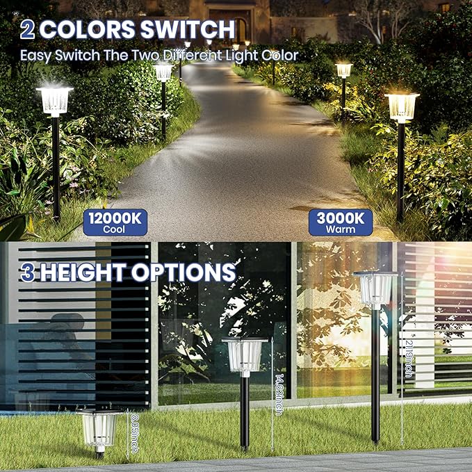 HIGH-Power Cold&Warm,3000/12000K 2-in-1 Solar Pathway Lights Outdoor,2 Pack Super Bright IP65 Waterproof,Up to 28 Hrs for Yard,Patio,Landscape,Sidewalk,Driveway,Lawn