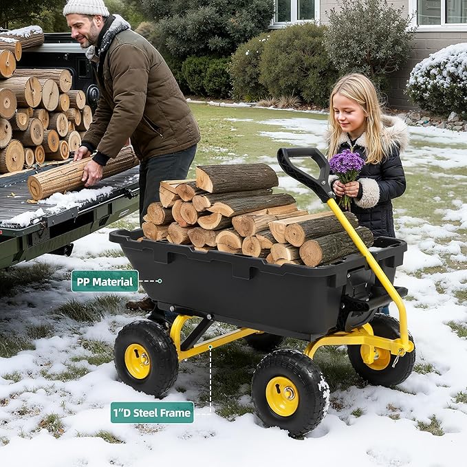 800lb Garden Dump Cart,Utility Wagon Wheelbarrows with Quick-Release System&4 Pneumatic Tires,Heavy Duty Yard Dump Wagon with Steel Frame for Yard,Farm,Garden and Christmas Hauling (Yellow)
