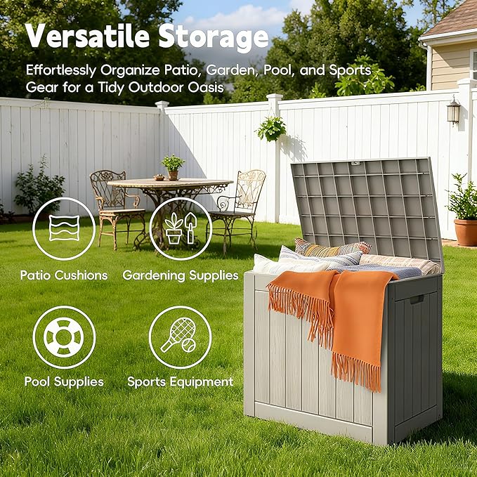 Mars Villa Deck Box, Waterproof Weatherproof and UV Resistant Resin Storage Bin with Lockable Lid, Ideal for, Outdoor, Patio Furniture Cushions, Pool Supplies, Garden Tools (31 Gallon, Light Brown)