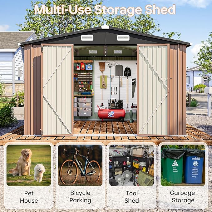 10x8 FT Outdoor Storage Shed, Utility Steel Tool Shed with Lockable Door and Air Vents, Galvanized Metal Shed for Garden Backyard Patio Lawn (10'x8', Brown)