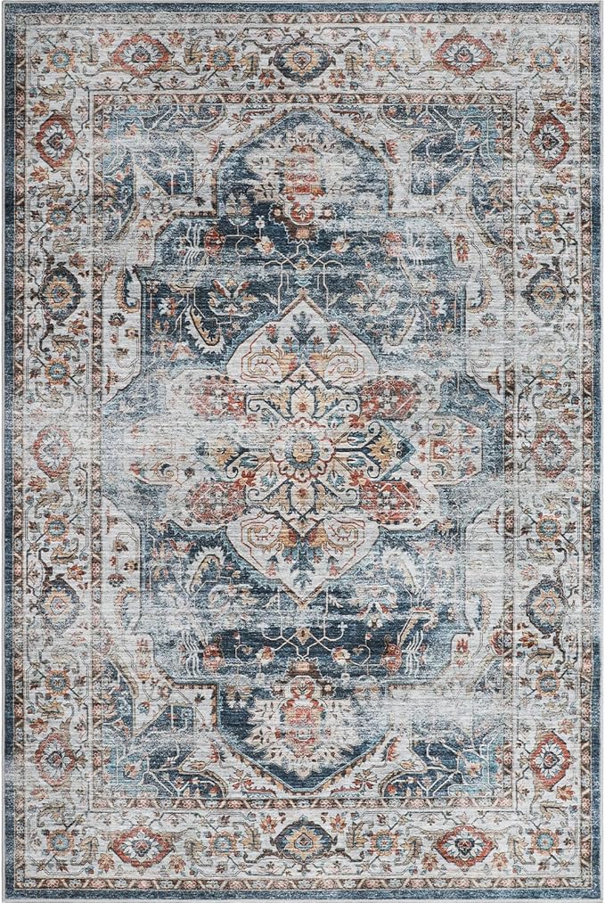 10x14 Area Rugs,Ultra-Thin Washable Rugs for Living Room,Non-Slip Lightweight Foldable Area Rug,Stain Resistant Vintage Large Rugs (Navy,10'x14')
