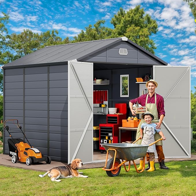DWVO 8x9FT Outdoor Storage Shed w/o Floor, All-Weather Plastic Shed with Lockable Doors, Window & Vents, Plastic Tool Shed for Backyard, Patio, Poolside, Lawn, Gray