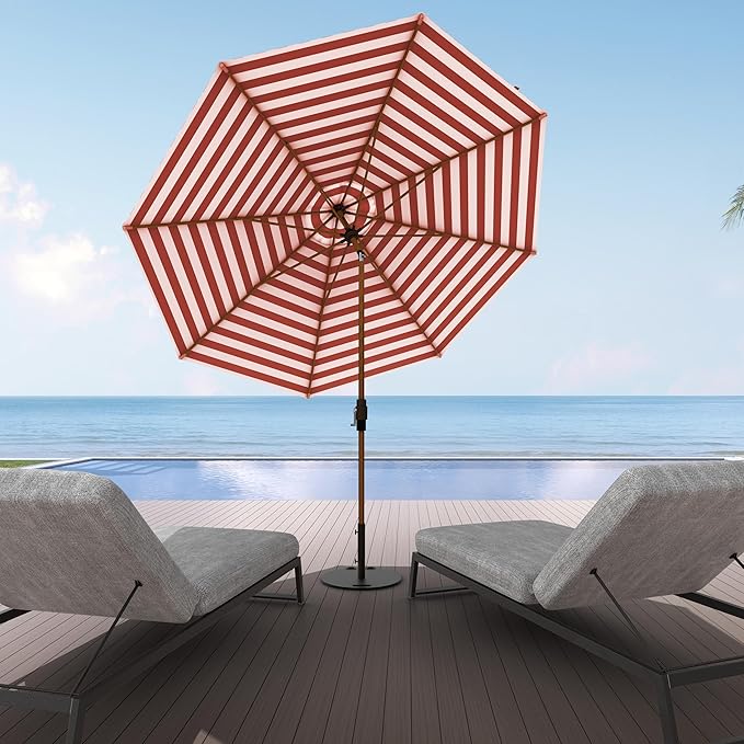 Midtown Umbrellas Wooden 2-8 Feet Outdoor Patio Umbrella, Terylast Red & White Stripes Fabric, Aluminum Frame For Backyard Umbrella, Deck Umbrella, Garden Umbrella & Pool Umbrella - Wooden Pole