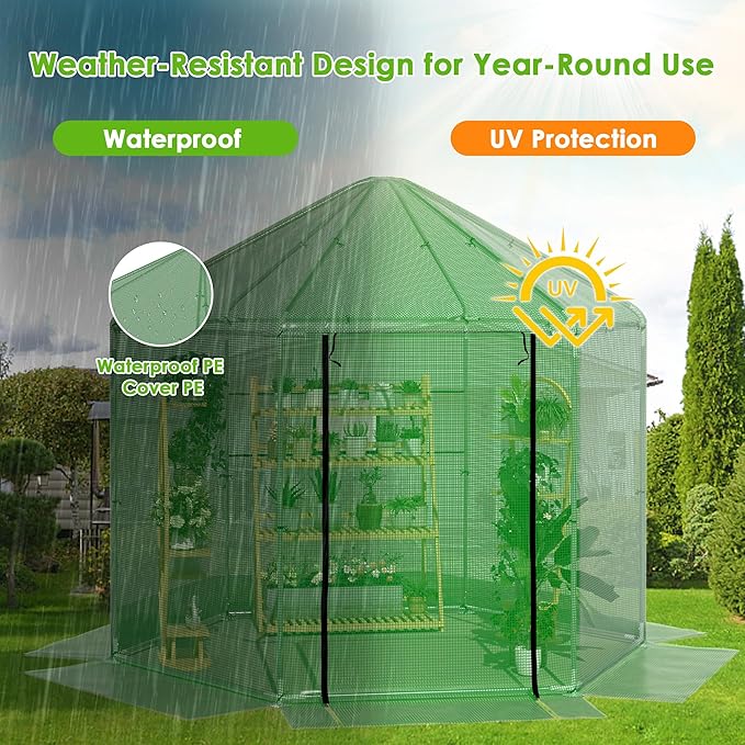 MU 9.4x9.4x8.2 FT Greenhouses for Outdoors, Heavy-Duty Green House for Outside, Walk in Winter Greenhouse with 180g Double Layer PE Cover, Ground Stakes, Great for Garden/Patio/Backyard