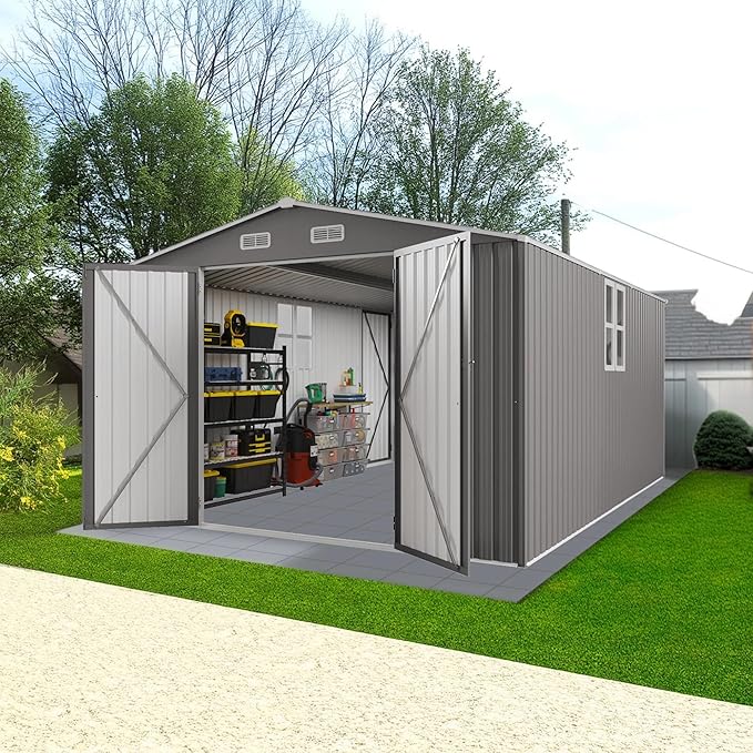 10x14 FT Outdoor Metal Storage Shed, Durable Garden Shed with Three Lockable Doors & Clear Window for Backyard, Patio, All-Weather Shelter for Bike, Gardening Tools, Lawn Mowers, Grey