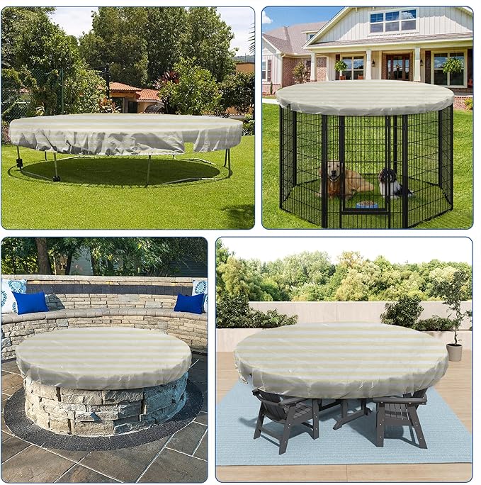 ECOOPTS 12 ft Round Pool Cover for Above Ground Pools, Swimming Pool Cover Protector Winter Safety Cover (Beige White Stripes)