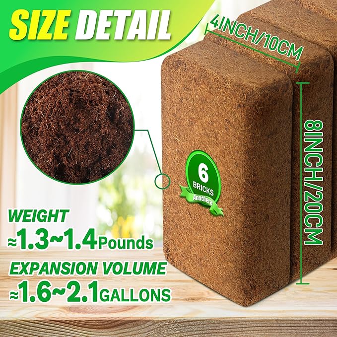 Coco Coir Brick for Plants- 6 Pack Premium 100% Organic Peat Moss Mix with Low EC & pH Balance, Fiber Coconut Husk for Planting, Gardening, Potting Soil Substrate