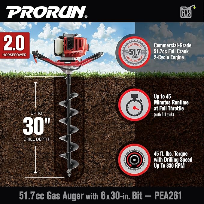 PRORUN 51.7cc One Person Gas-Powered 2-Cycle Auger with 6 x 30-in. Bit