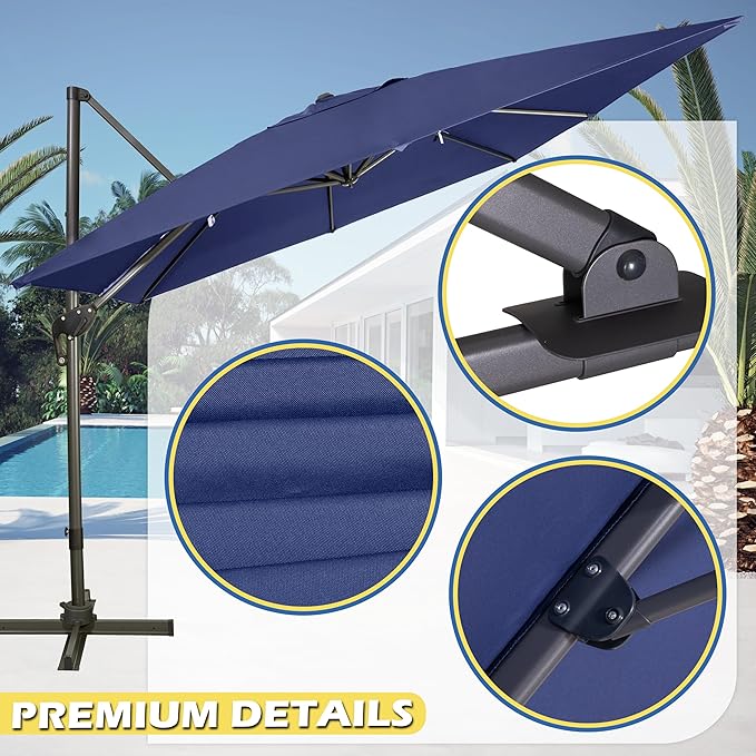 Sunnyglade 10x10Ft Cantilever Patio Umbrella Square 360° Rotation & Integrated Tilting System Offset Umbrella with 8 Sturdy Ribs, Fade-resistant & Waterproof for Garden Backyard Poolside Deck