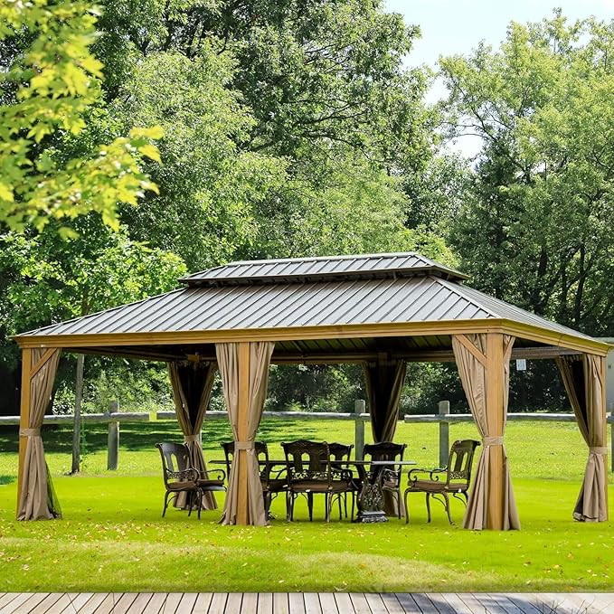 Domi Outdoor Living 12’x20’ Hardtop Gazebo, Wooden Coated Aluminum Frame Canopy with Galvanized Steel Double Roof, Outdoor Permanent Metal Pavilion with Curtains and Netting for Patio, Deck and Lawn