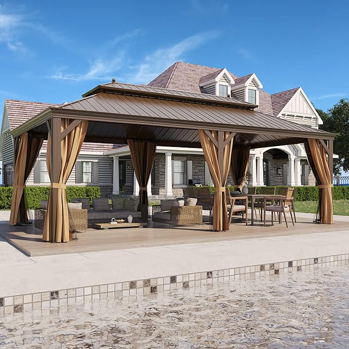 12'x22' Hardtop Gazebo Outdoor Aluminum Patio Gazebo Double Roof Galvanized Steel Canopy with Netting and Curtains,for Garden, Backyard,Deck and Lawns