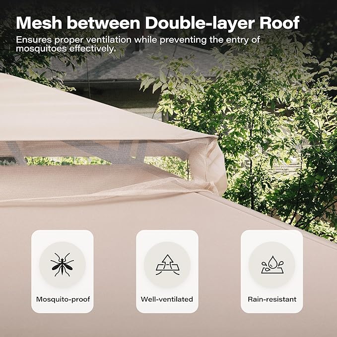 Outdoor Patio Gazebo 8FT, Heavy Duty Party Tent & Shelter with 2-Tier Roof and Expansion Bolts, Mosquito Nettings and Privacy Screens for Backyard, Garden, Poolside, Khaki