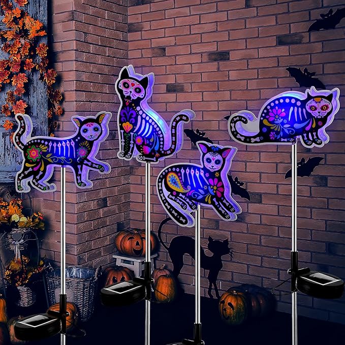 Retisee 4 Pack Halloween Black Cat Solar Lights Outdoors Solar Cat Lamp Yard Decorations Halloween Party Favors Waterproof Lights for Pathway Lawn Porch Warm White LED