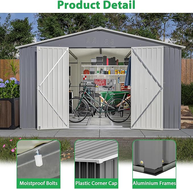 Metal Storage Shed 11x13 FT Outdoor, Metal Steel Utility Tool Shed Storage House with Double Lockable Doors & Air Vent for Backyard Garden Patio Lawn Gray