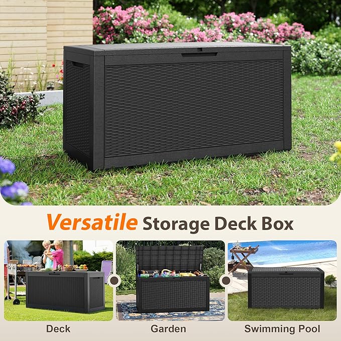 LHBcraft 100 Gallon Outdoor Storage Box Waterproof, Lockable Patio Storage Boxes Outdoor Waterproof for Furniture, Resin Deck Box Doubles as 2-Person Bench Seat, Gardening Tools, Black