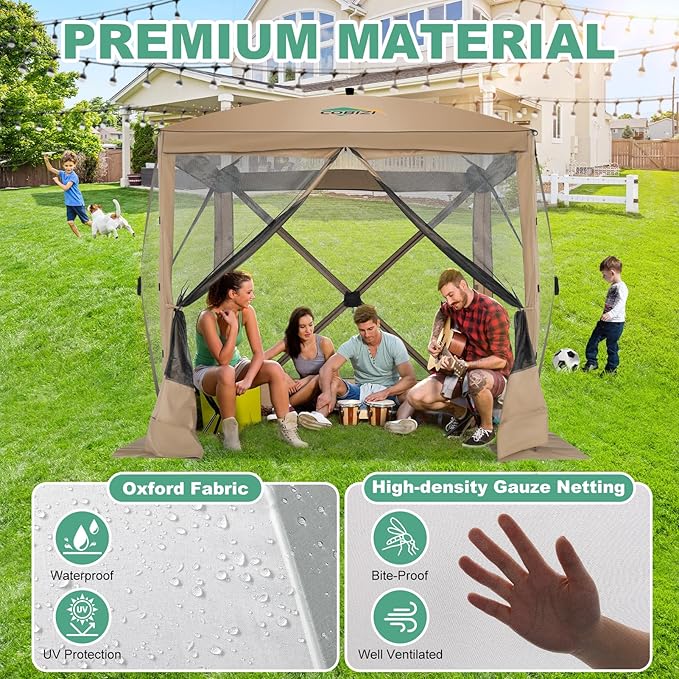 COBIZI 6x6 Pop up Gazebo Tent, Ez up Waterproof Screen Tent Screen House, Portable Outdoor Canopy Sun Shelter with Carry Bag & Ground Stakes for Camping, Garden and Picnics, Khaki(Upgraded 2.0)