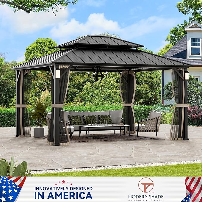 Modern Shade The Horizon Hardtop Gazebo 12' x 14' with 4 LED Lights, Permanent Outdoor Gazebo with Galvanized Steel Double Roof, Grill Pavilion with Decor Hooks, Mosquito Nettings, Black