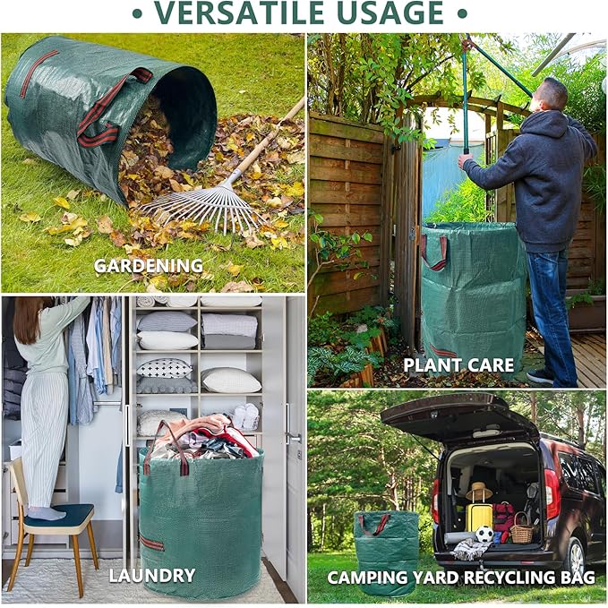 2 Pack 72 Gallon Lawn and Leaf Bags (Green + Black), Heavy Duty Reusable Yard Waste Bags with Reinforced Handles, Collapsible Garden Bags for Leaves, Branches, Grass Waste
