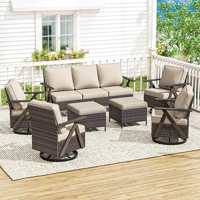 7 Pieces Patio Furniture Set,Outdoor Sofa & High Back Swivel Rocker Patio Chairs, Wicker Conversation Set with Ottoman for Deck Yard and Poolside