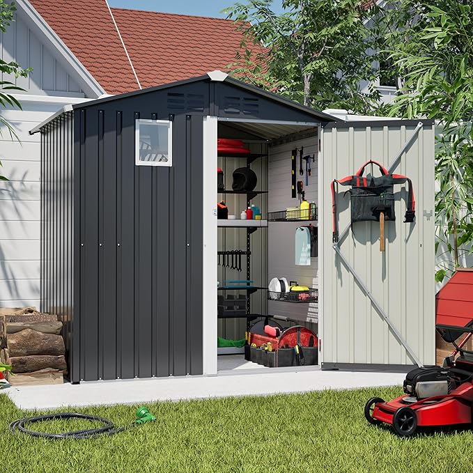 6x4 FT Shed Outdoor Storage Metal Large Garden Tool Sheds with Lockable Doors Gable Roof Window Waterproof Utility Equipment Sheds for Backyard Patio Lawn, Grey (No Floor Frame)