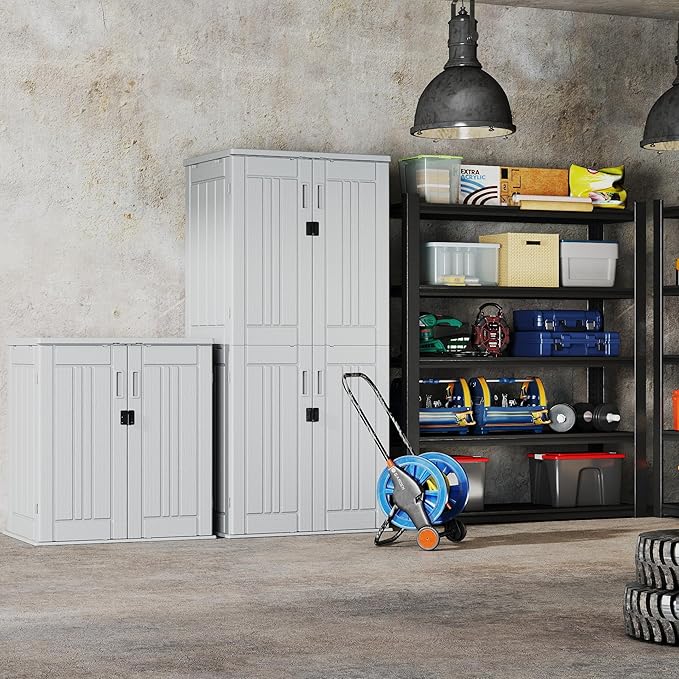 Heavy Duty Small Storage Cabinet Outdoor Weatherproof, 14 Cuft Garage Storage Cabinet with 2 Adjustable Shelves, Lockable Kitchen Pantry Closer Organizer, 31Wx23Lx34H, Polar White