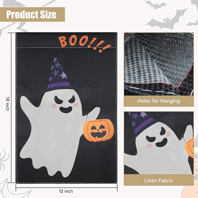 Halloween Garden Flag - Halloween Decorations Outdoor, Yard Flag for Outdoor Holiday Home Decor, Double Sided 12x18 Inch - Ghost