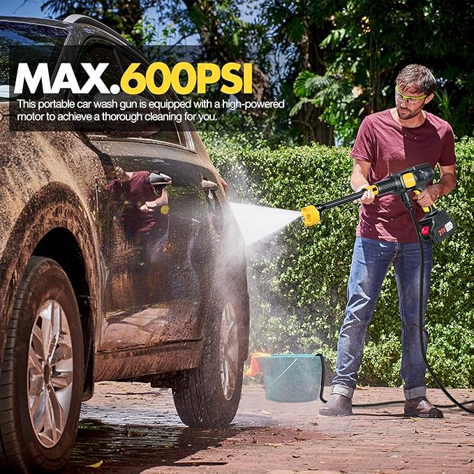 Cordless Pressure Washer, 600PSI Portable Power Washer with 6-in-1 Nozzle & Foam Cannon, 21V Battery Powered Cordless High Pressure Washer Gun, Handheld Pressure Washers for Car, Patio, Home