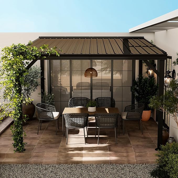 Domi 10’x10’ Lean-to Gazebo, Hardtop Wall-Mounted Gazebo Pergola with Sloping Galvanized Steel Roof and Upgraded Drainage System, Outdoor Permanent Metal Shelters for Patio Backyard Deck, Brown