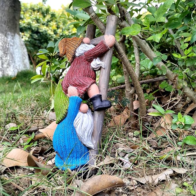 Garden Gnome Statue, Funny Climbing Ladder Gnomes Figurine Resin Sculpture Outdoor Decor for Patio Yard Lawn Porch Ornaments Gift