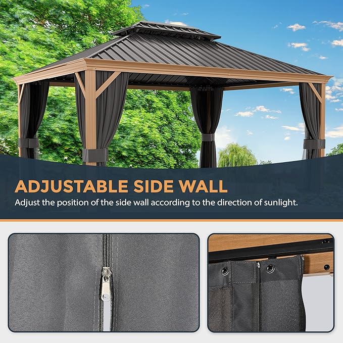HAPPATIO 12' x 16' Hardtop Gazebo, Outdoor Wood Grain Frame Aluminum Gazebo, Double Roof Permanent Patio Canopy with Netting and Curtains for Garden, Patio, Lawns, Parties (Grey)