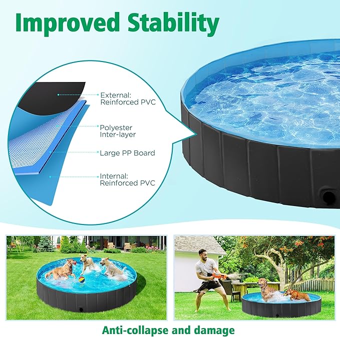 Yaheetech Foldable Dog Pool Collapsible Hard Plastic Dog Swimming Pool Portable Pet Pools Doggie Wading Pool Bath Tub for Puppy Small Medium Large Dogs, 71 x 12 Inches Black，Used