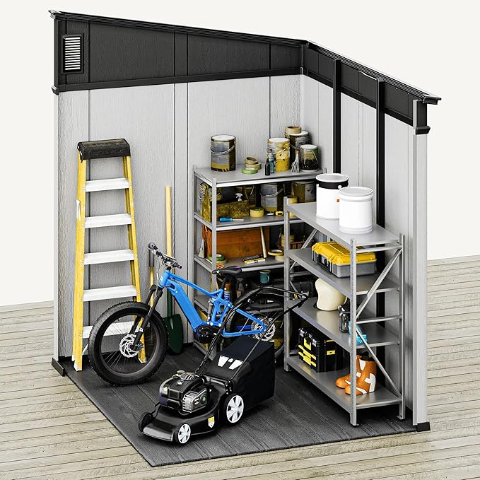 DWVO 6x6 FT Outdoor Storage Shed, All-Weather Resin Garden Tool Shed with Floor & Lockable Door, Plastic Outside Tool Garden Shed with Windows & Vents for Backyard Garden Patio Lawn, Black&Gray