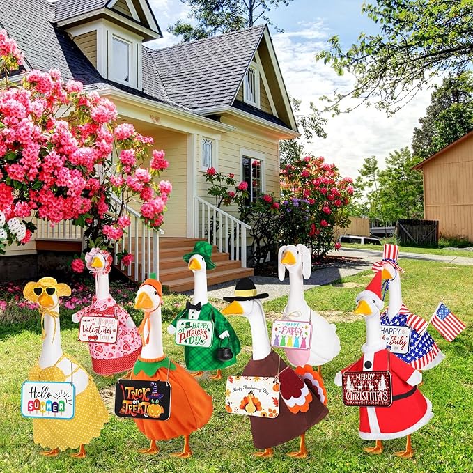 8 Set Seasonal Holiday Goose Outfits Hanging Signs Fall Halloween Christmas Porch Statue Outfits All Seasons Holiday 23" Goose Clothes Patio Lawn Outdoor Decors(Classic Style)