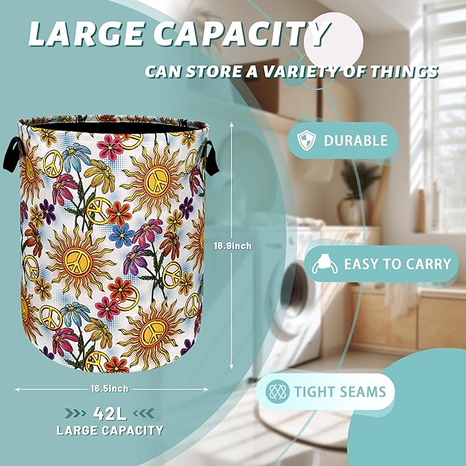Colorful Hippie Peace Flowers Laundry Basket Foldable With Handles Tote Bag Oxford Cloth Funny Laundry Hamper Clothes Storage Bucket Toy Organizer For Bathroom/Laundry/Bedroom 18.9"x16.5 "