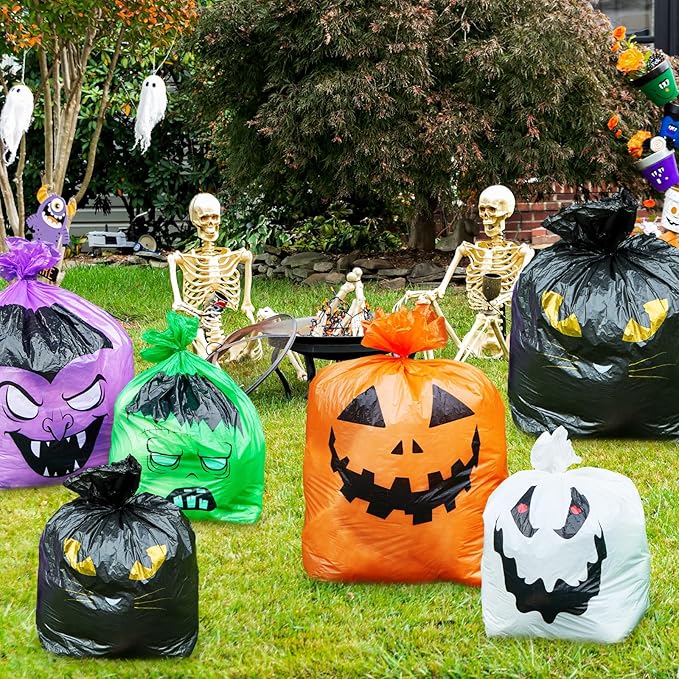 Qilery 18 Pcs Halloween Leaf Lawn Bags Plastic Pumpkin Trash Bags for Leaves with Twist Ties for Halloween Yard Garden Outdoor Party Favors Decorations