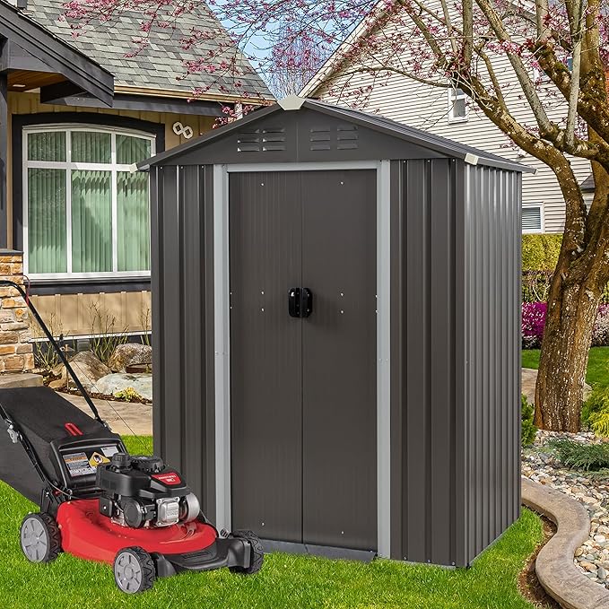 Vongrasig 5 x 3 FT Outdoor Storage Shed, Metal Shed Small Garden Tool Storage Shed with Window and Lockable Door for Outside Backyard Patio Lawn (Grey)