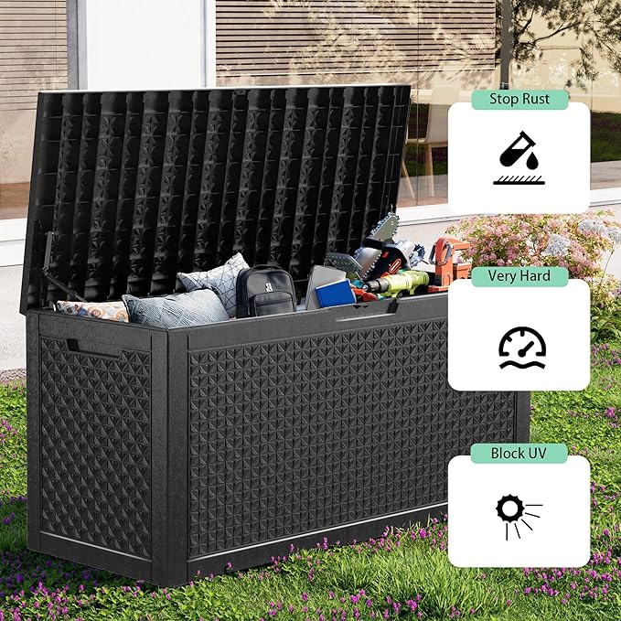 EasyUp 120 Gallon Outdoor Storage Box Waterproof, UV Resistant Resin Deck Box with Hydraulic Rod, Reinforced Stability for Patio, Garden, Quad Leaf Black