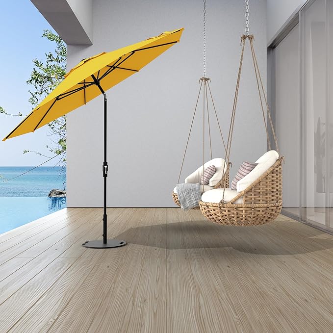 Midtown Umbrellas The Swilt 9 Feet Patio Umbrella in Sunbrella Yellow Acrylic Fabric - Fiberglass Ribs, Auto-Tilt Aluminum Frame For Backyard, Deck, Garden, Pool - White Pole